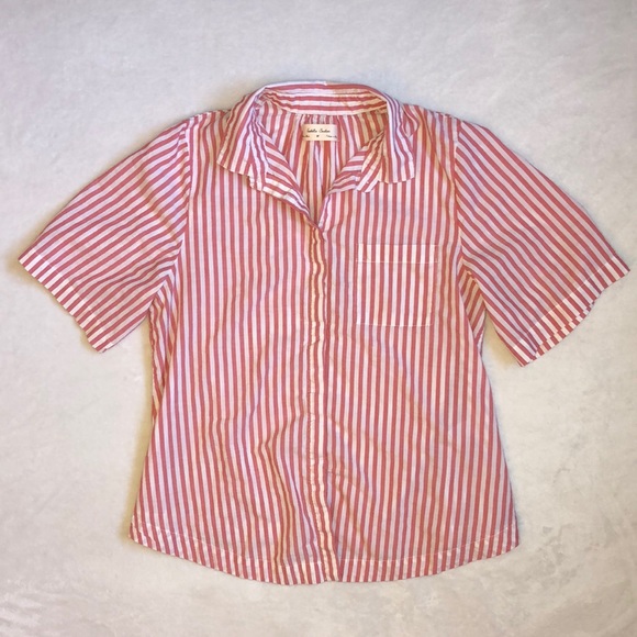 Anthropologie Tops - Cotton White Red Stripe Short Sleeve Button Blouse Top